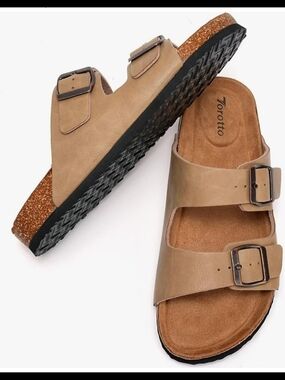 Torotto Womens Slides with Cork Footbed Open Toe Adjustable Webbing Flat Sandals